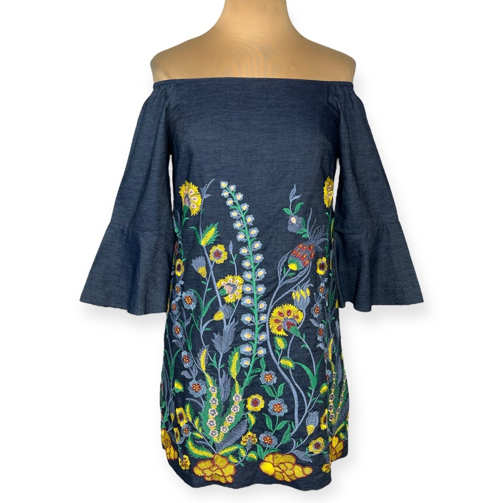 Alice + Olivia Embroidered Off-Shoulder Chambray Mini Dress Floral Blue Size S - Picture 3 of 10